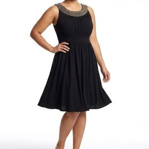 Haani Black Beaded Neckline Dress Empire Waist A-Line Cocktail Size Large LBD